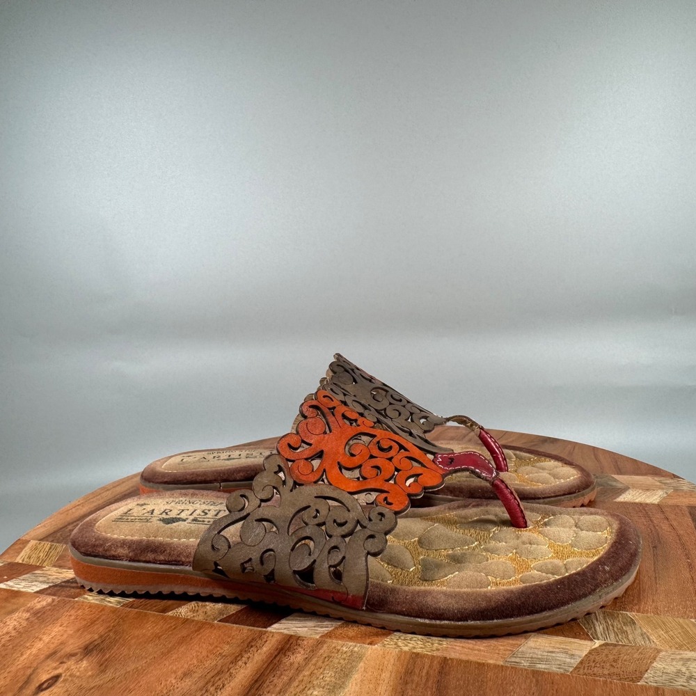 L'Artiste Spring Step Brown Orange‎ Leather Laser Cut Scroll Thong Sandals EU 36